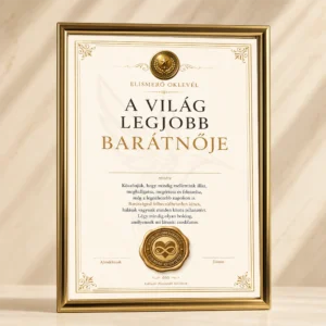 A Világ Legjobb Barátnője oklevél elegáns arany keretben, prémium elismerő oklevél legjobb barátnőnek különleges ajándékként a PixelsPolo kínálatából.