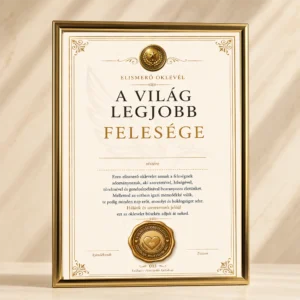 A Világ Legjobb Felesége oklevél elegáns arany keretben, prémium elismerő oklevél feleségnek, romantikus ajándék évfordulóra, születésnapra vagy karácsonyra a PixelsPolo kínálatából.
