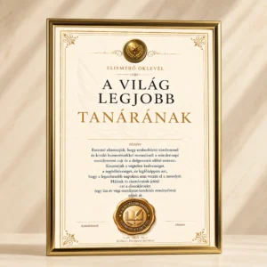 A Világ Legjobb Tanárának Oklevél arany színű keretben elegáns elismerő oklevél ajándék tanárnak pedagógusnak