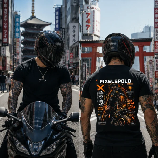 Chaos Rider fekete póló motoros modellen, narancssárga motoros hátgrafikával