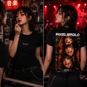Crimson Riot anime póló vörös-fekete punk anime hátgrafikával – Pixelspóló