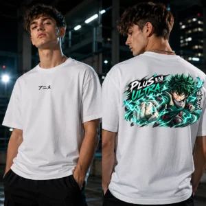 Emerald Power fehér anime póló zöld energiás harcos hátgrafikával