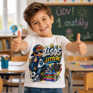 Elsős lettem iskolakezdős fiú gyerek póló vagány iskolás grafikával