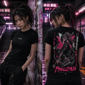 Glitch Reaper – Anime póló pink cyberpunk harcos grafikával