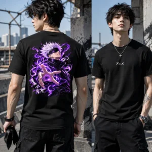 Void Pulse fekete anime póló lila energiás harcos hátgrafikával