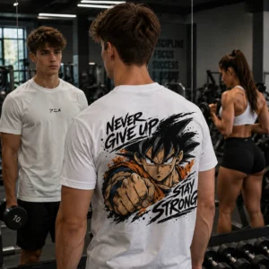 Unbreakable Spirit fehér anime póló Never Give Up Stay Strong hátgrafikával