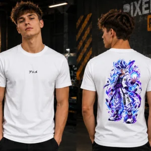 Astral Surge fehér anime póló kék-lila harcos hátgrafikával