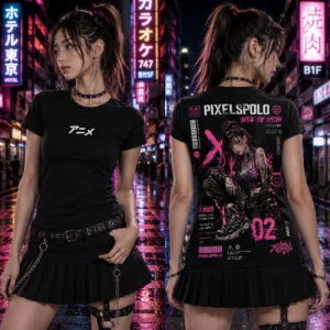 Hack Mode – Anime póló pink cyberpunk anime lánnyal és nagyméretű hátmintával