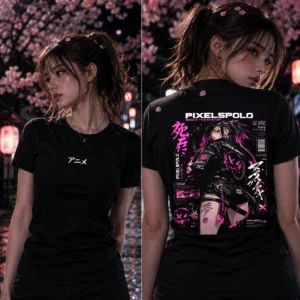 Rebel Love anime póló fekete-pink saját tervezésű női anime karakteres hátmintával