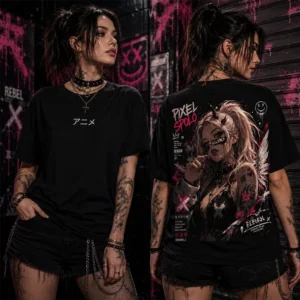 Rebel anime póló saját tervezésű pink-fekete női anime karakteres hátmintával