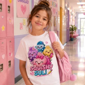 Squishy Barátok cuki iskolakezdős lány gyerek póló színes Squishy Suli grafikával