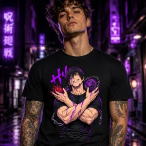 Dark Instinct fekete anime póló lila karaktergrafikával és láncokkal