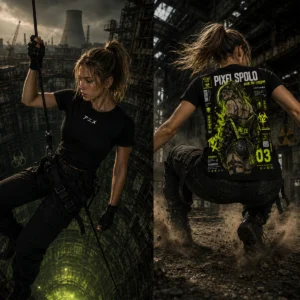 Toxic Mutation fekete anime póló neon zöld női karakteres hátgrafikával