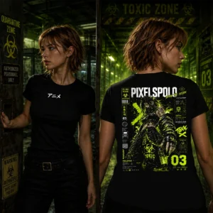 Toxic Mutation fekete anime póló neon zöld női karakteres hátgrafikával