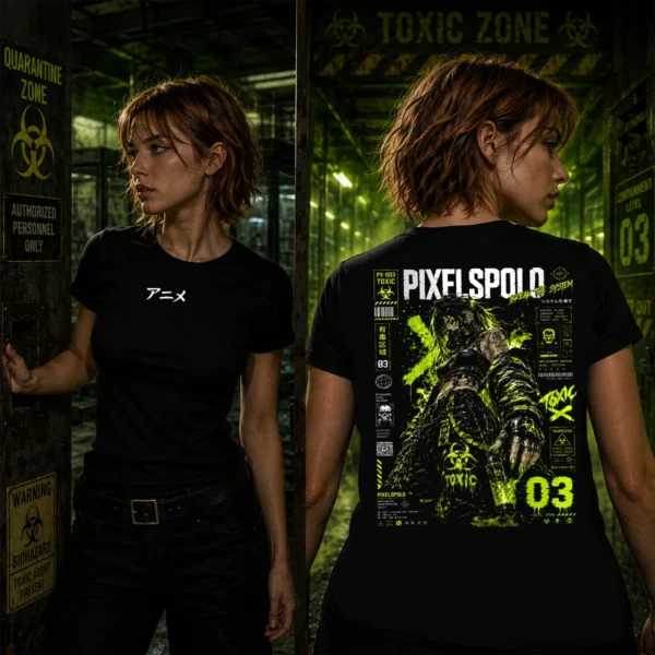 Toxic Protocol fekete póló modellen, neon-zöld karakteres hátgrafikával
