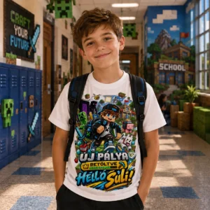 Új pálya betöltve gamer iskolakezdős fiú gyerek póló Helló Suli mintával