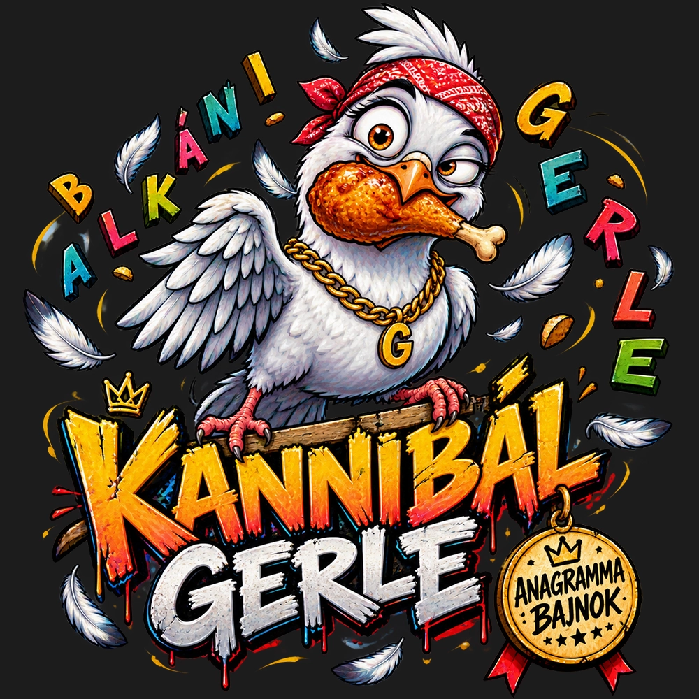 Kannibál gerle pólógrafika színes betűkkel, csirkecombot tartó madárral és Anagramma bajnok jelvénnyel