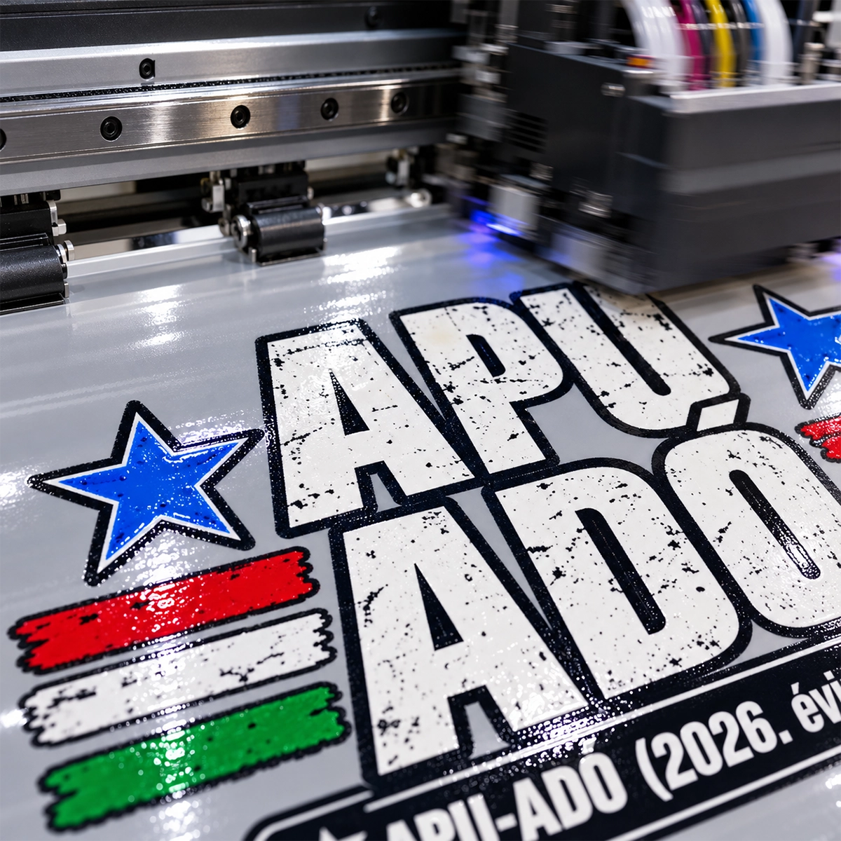 Az APU-ADÓ grafika transzferfólián, nyomtatófej alatt, kék csillagokkal és piros-fehér-zöld motívumokkal.