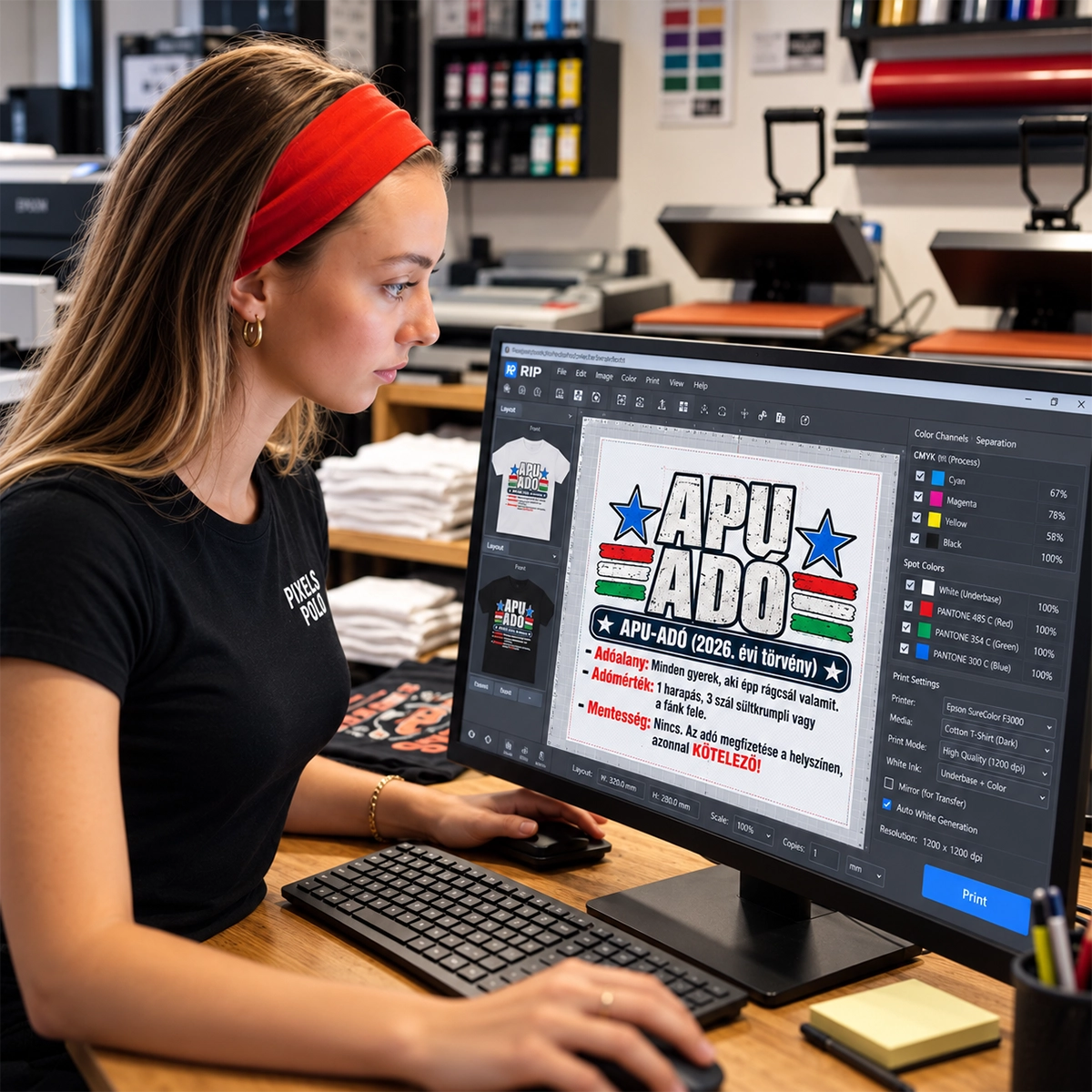 Az APU-ADÓ póló grafikájának előkészítése számítógépen, a Pixelspóló műhelyét bemutató képen.