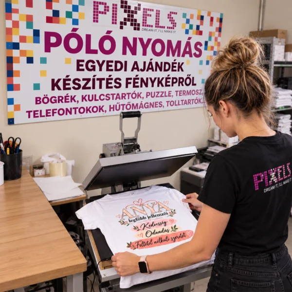 Műhelyillusztráció: anyás póló elhelyezése a hőprésen.