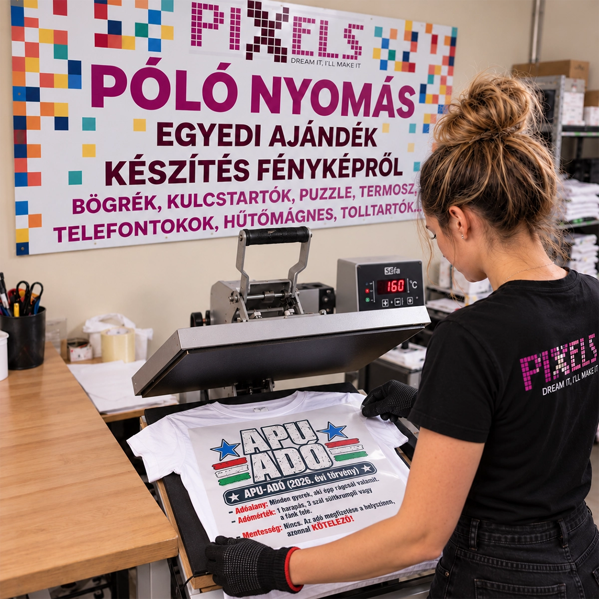 Fehér APU-ADÓ póló igazítása nyitott SEFA hőprésen, Pixelspóló feliratú műhelykörnyezetben.